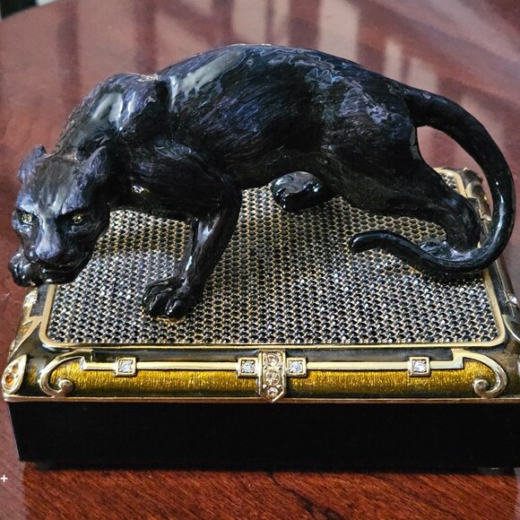 RARE EXQUISITE JAY STRONGWATER SAFARI PANTHER CRYSTAL ENAMEL TRINKET JEWELRY BOX - Picture 1 of 10